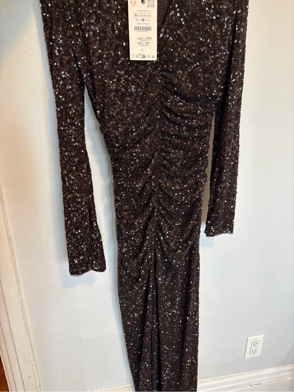 Zara Black Sparkle Long Sleeve V-Neck Maxi Dress with Side Slit - Picture 6 of 9